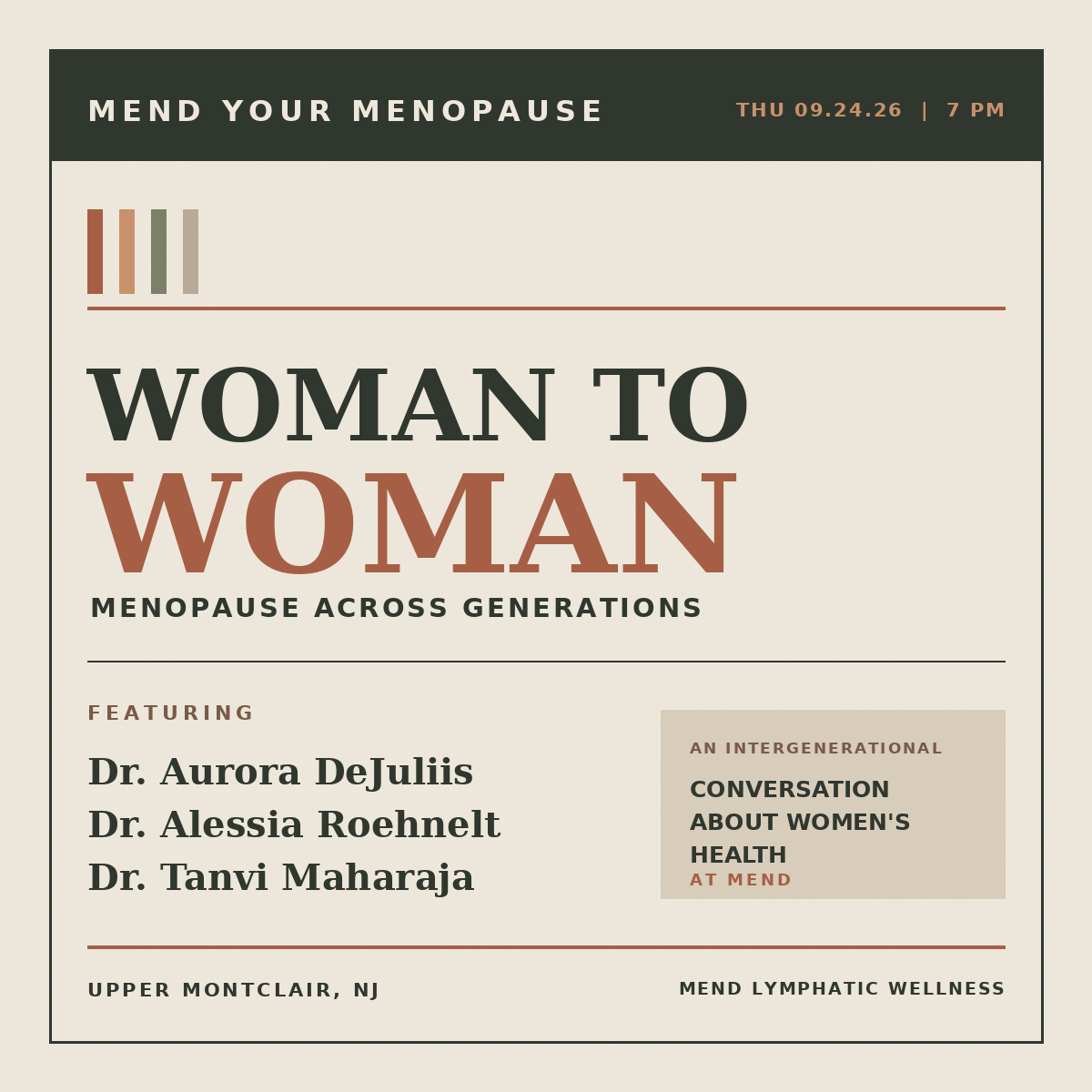 Mother to Daughter: Women's Health Across Generations — an intergenerational conversation at MEND on September 24, 2026
